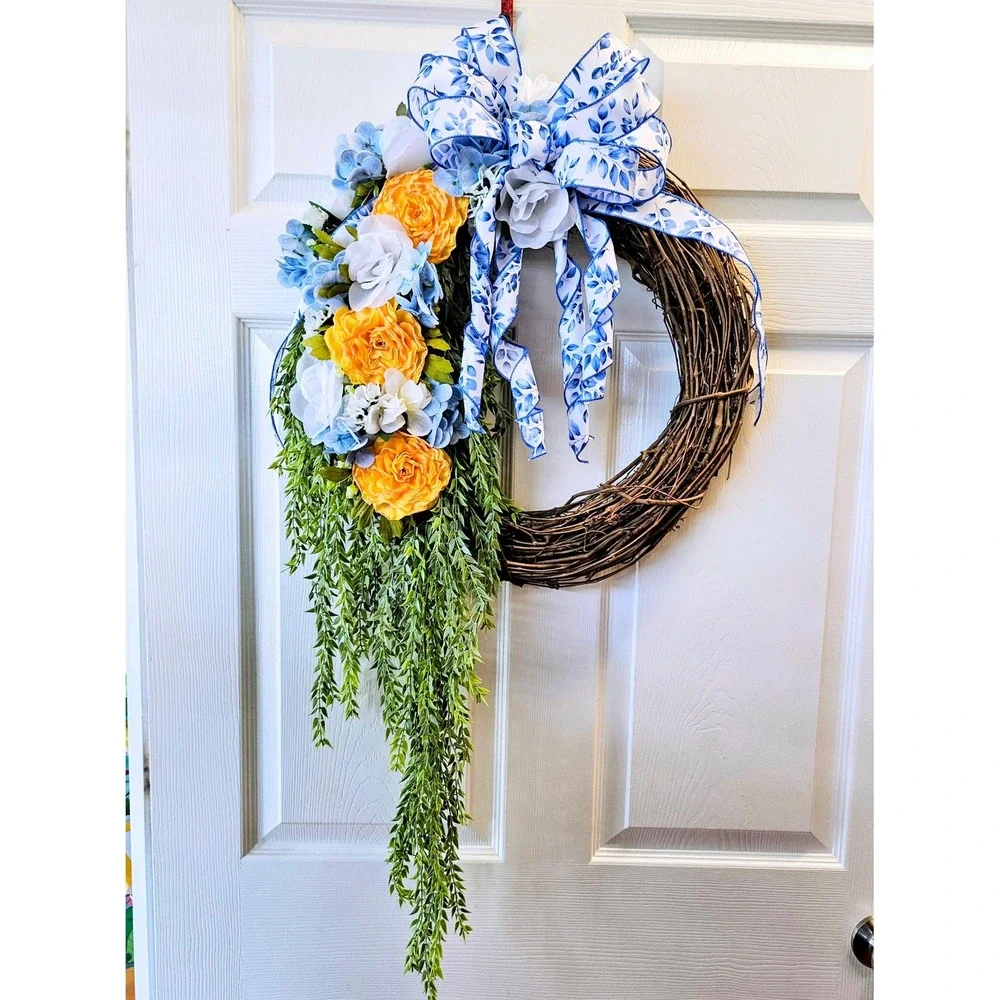 Hand Crafted Floral Grapevine Wreath 16 inch Yellow Ranunculus Blue Hydrangea